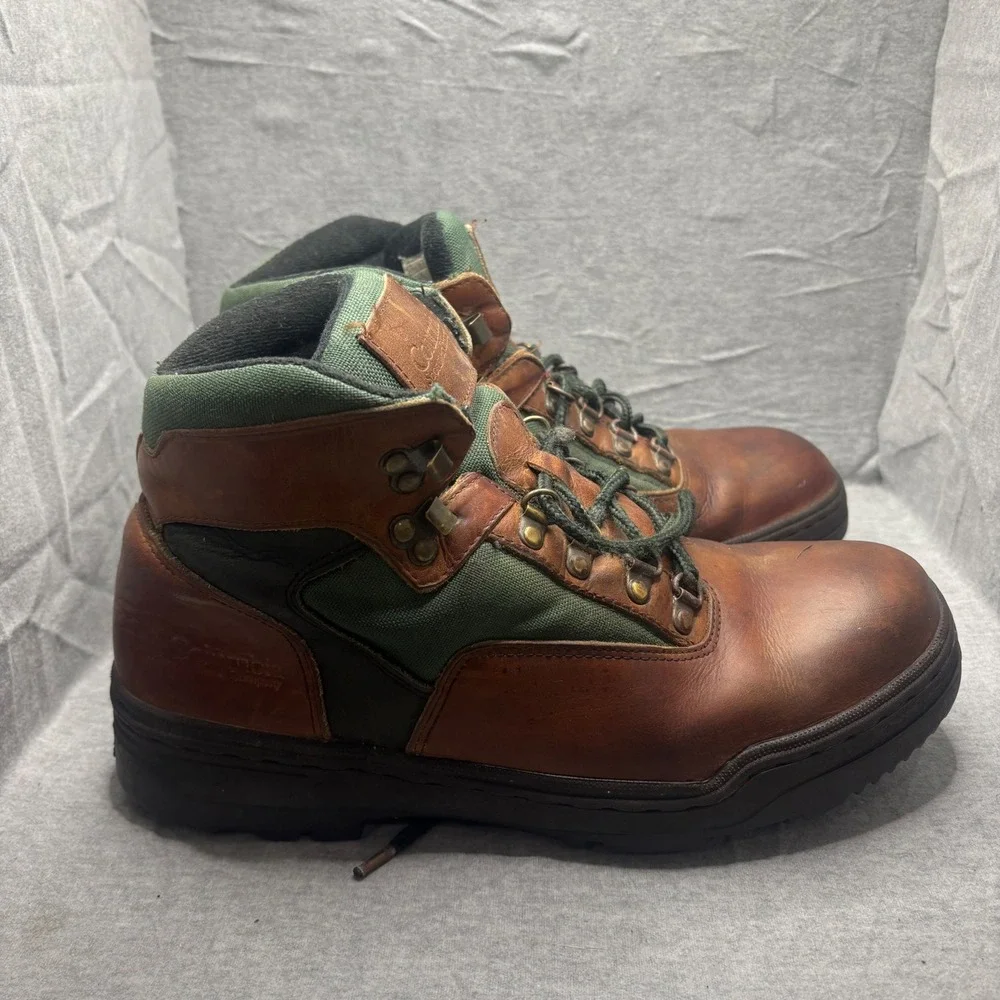 Columbia Trail Meister Tobacco Brown Green Leather Canvas Hiking Boots Mens 11.5
